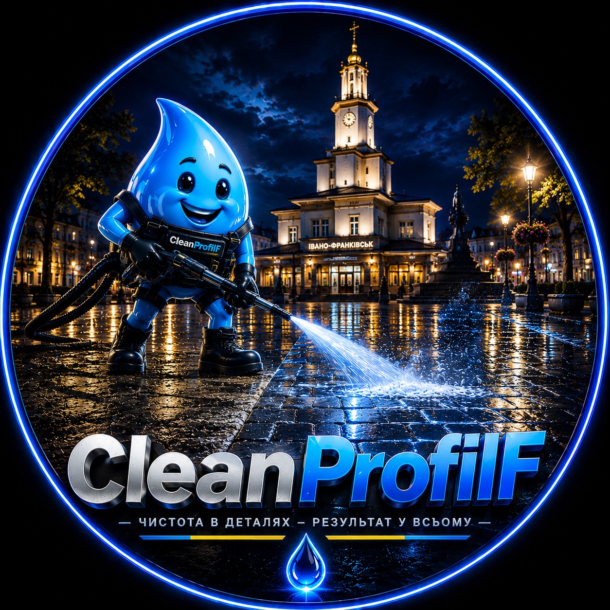 Фірмовий персонаж CleanProfiIF — синя крапля-клінер на площі Івано-Франківська